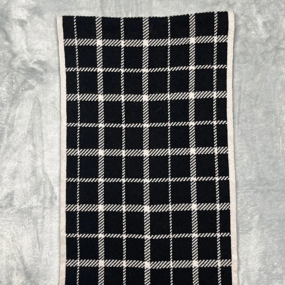 Coach‎ Scarf Black Ivory Reversible Plaid Wool Cotton Knit Leather Logo